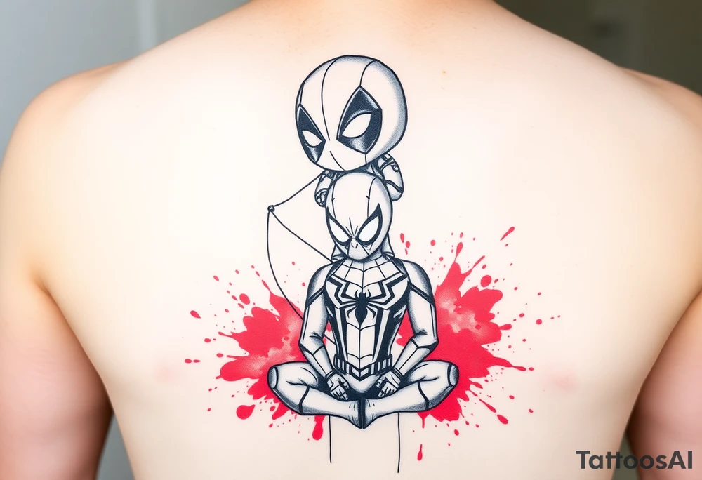 A vertical stacked tattoo design for a half-sleeve on a white background. At the top is a chibi Deadpool character in a bold ink sketch style. At the bottom is a chibi Spider-Man character sitting cross-legged in a loose pencil sketchbook style. High contrast black and grey shading. The two characters are connected by loose, energetic sketch lines and a thin spiderweb thread hanging between them. Dramatic, stylized splashes of bright, vibrant watercolor red ink splatter bursting out around both characters' suits, bleeding into the negative space. Tattoo flash sheet style, crisp linework. tattoo idea