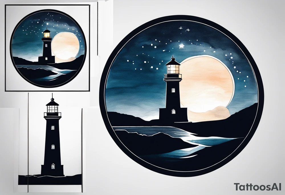 lighthouse a bit realist, night, circle framed tattoo idea