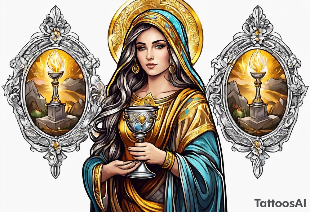 woman saint holding chalice surrounded by golden halo tattoo idea