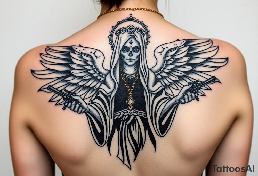 old angel statue (Santa Muerte style) criminal style tattooed and at the same time contemporary, weapons in hand, gangster-style gold necklaces tattoo idea