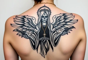 old angel statue (Santa Muerte style) criminal style tattooed and at the same time contemporary, weapons in hand, gangster-style gold necklaces tattoo idea