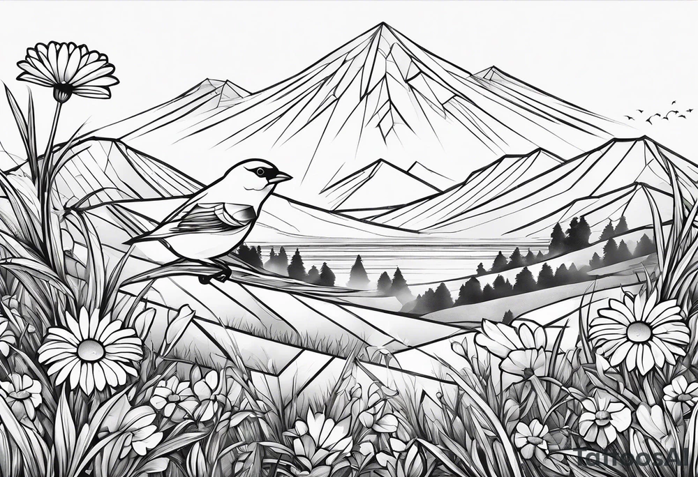 Geometric small bird in a grass and daisy field with Mountain View behind tattoo idea