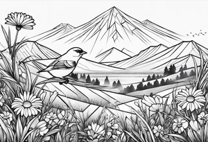 Geometric small bird in a grass and daisy field with Mountain View behind tattoo idea