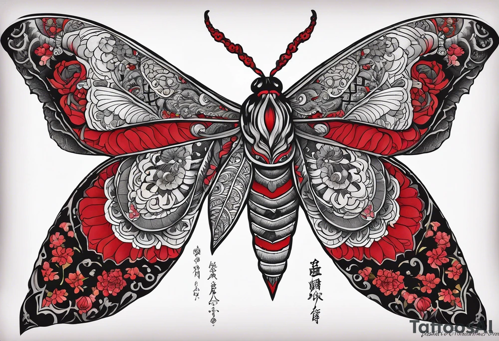 Large death moth for sternum with quote “blood of the coven is thicker than water of the womb” tattoo idea
