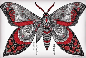 Large death moth for sternum with quote “blood of the coven is thicker than water of the womb” tattoo idea