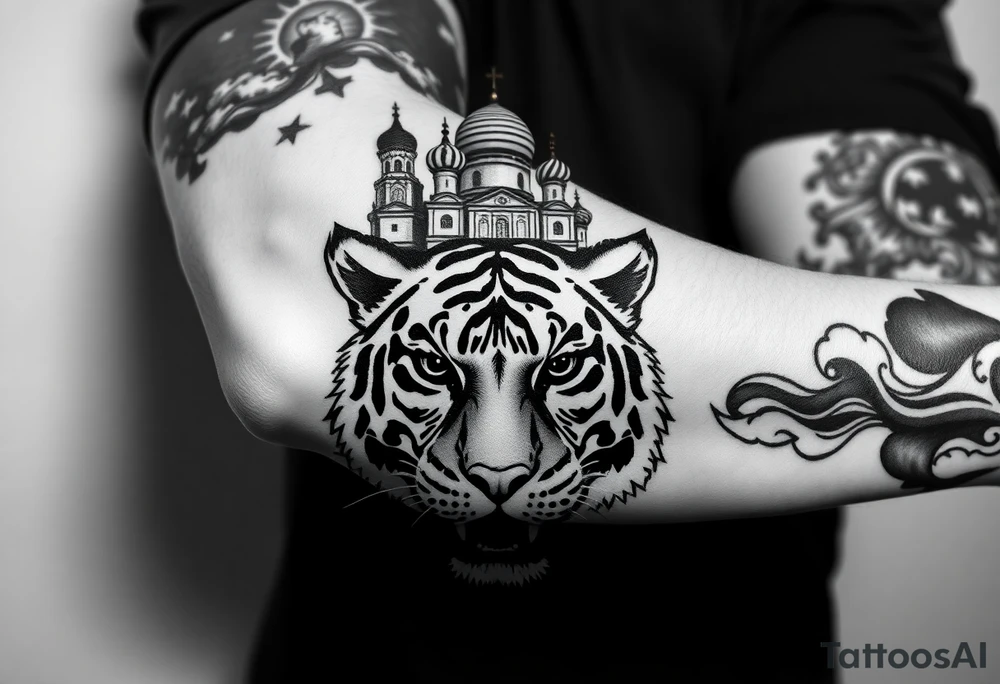 Realistic tiger face on the back of the hand with its eyes ALL black sitting beneath a Russian Orthodox cathedral sitting above on the top fore arm with onion domes and orthodox crosses. with clouds above and a virgin mary tattoo idea