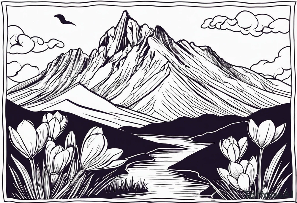 composition with mountain (Gran Sasso) with Crocus flowers, and an explorer trekking. Do not enter rivers and trees. Do it in color. The design style must be that of Old School Traditional Tattoo. tattoo idea
