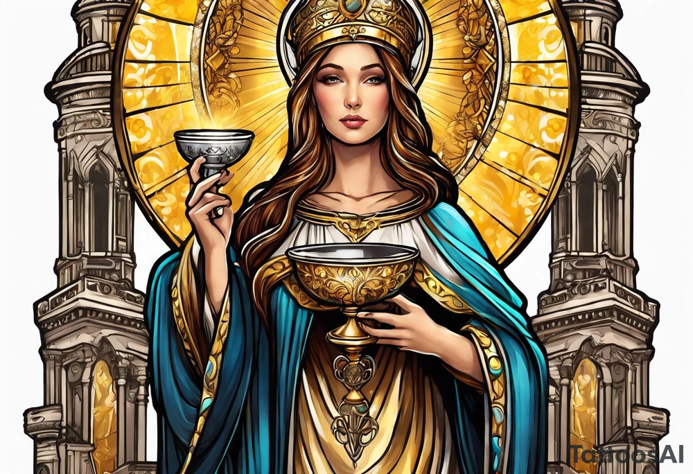 woman saint holding chalice surrounded by golden halo with a tower tattoo idea