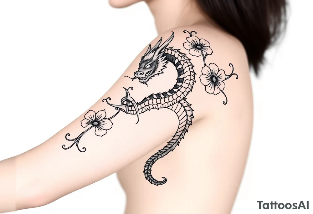 un dragon central entouré de fleurs de lys de style avec des ombrages dans un style assez fin tattoo idea