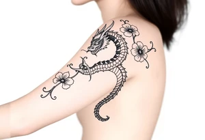 un dragon central entouré de fleurs de lys de style avec des ombrages dans un style assez fin tattoo idea