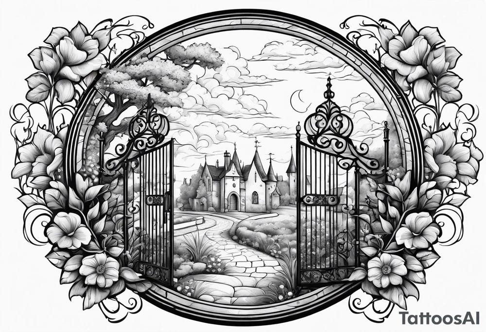 night medieval town garden gate entrance
in circle vignette surrounded by clouds floral tattoo idea