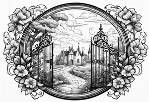 night medieval town garden gate entrance 
 in circle vignette surrounded by clouds floral tattoo idea