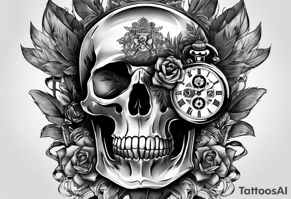 A skull and a watch which shows a specifix time tattoo idea