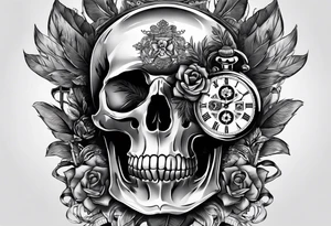 A skull and a watch which shows a specifix time tattoo idea