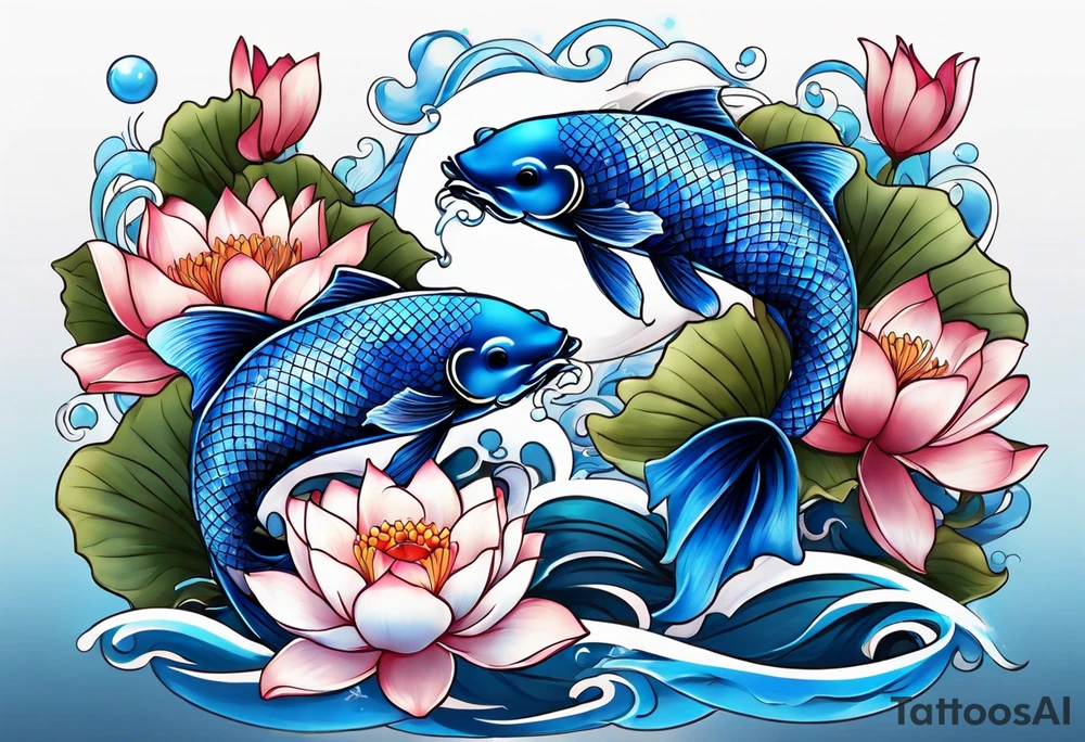 Two Blue Koi swimming between and lotus flowers tattoo idea