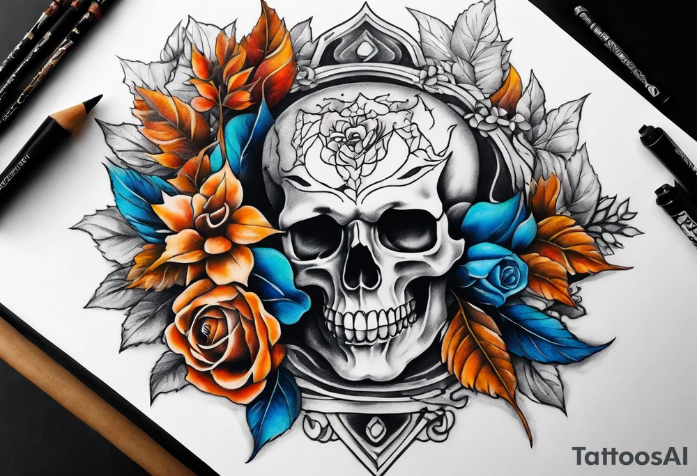 Front knee tattoo with fall colors, small flowers, rose, devil skull, leaves, blue water flows with washes and background Powell Peralta tattoo idea