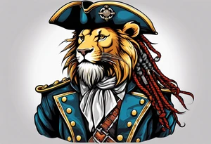 Pirate lion wearing jacket, sword and pistol, nautical steampunk theme. dreadlocks. tattoo idea