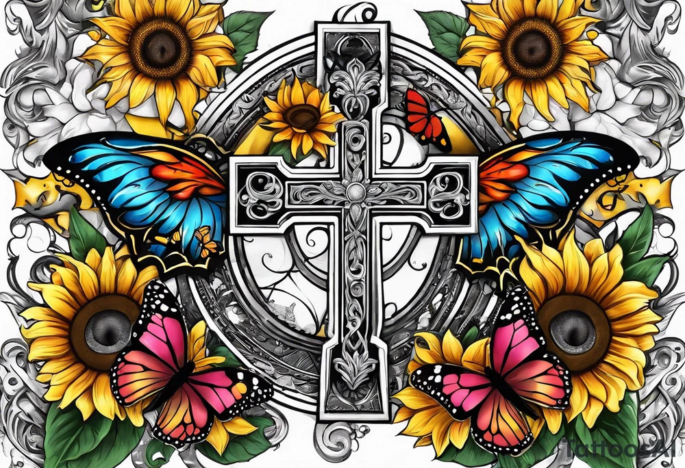 Arm sleeve with Winged cross with sunflower and butterflies tattoo idea