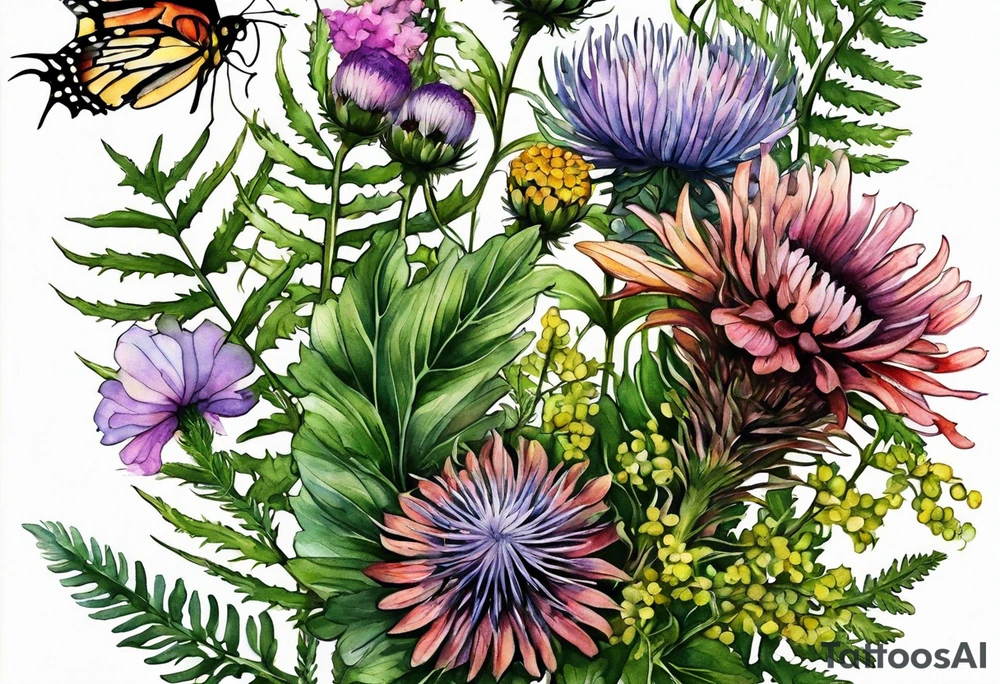 small vertical mixed wildflower bouquet with ferns, thistle and with color tattoo idea