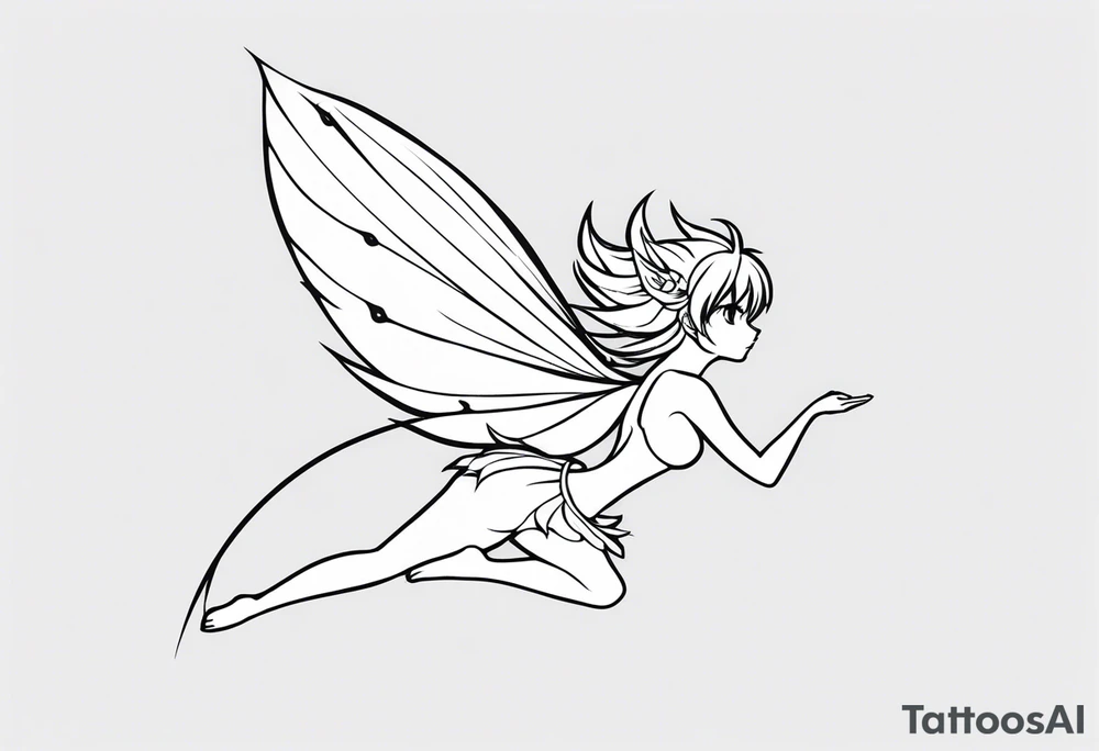 No color fairy with a tail inspired by the logo of the anime show called Fairy Tail in a fetal position leaning in and forward while in the air floating tattoo idea