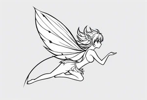 No color fairy with a tail inspired by the logo of the anime show called Fairy Tail in a fetal position leaning in and forward while in the air floating tattoo idea