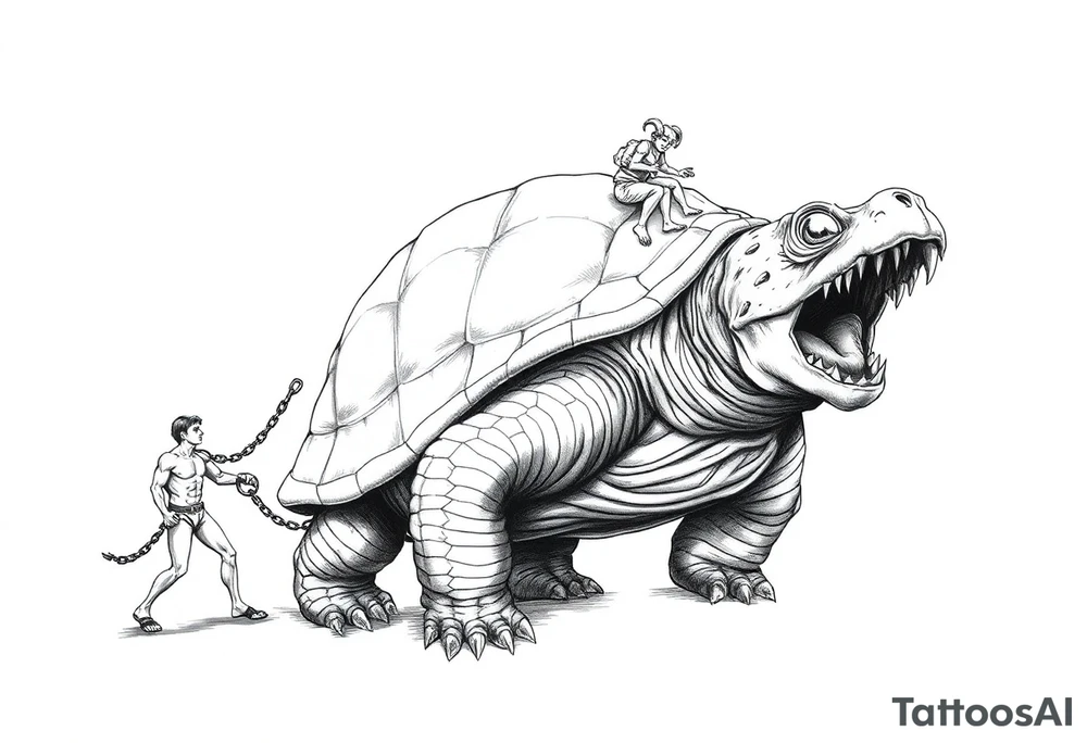A giant walking 2 slaves on a chain leashan angry turtle with goat horns and huge teeth with a little man riding on his back tattoo idea