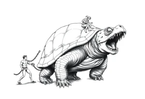 A giant walking 2 slaves on a chain leashan angry turtle with goat horns and huge teeth with a little man riding on his back tattoo idea