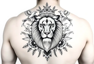 powerful majestic lion with a crown, surrounded by floral ornaments and birds tattoo idea