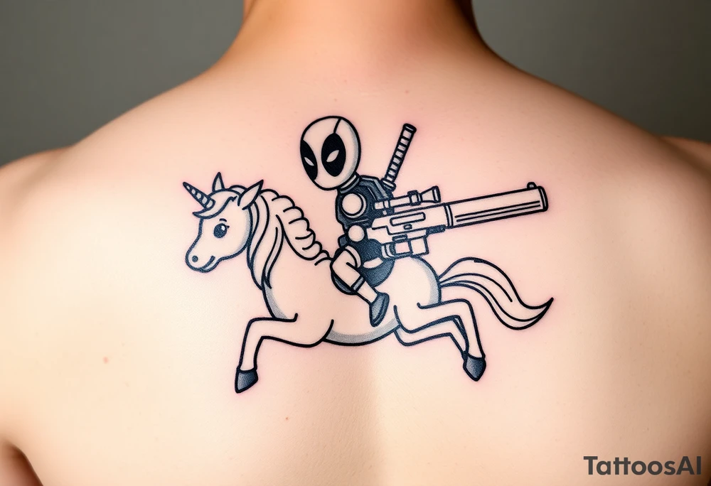 Deadpool riding unicorn holding big gun tattoo idea