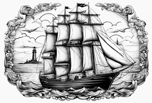 phare maritime dans un bateau a voiles vu du devant. tattoo idea