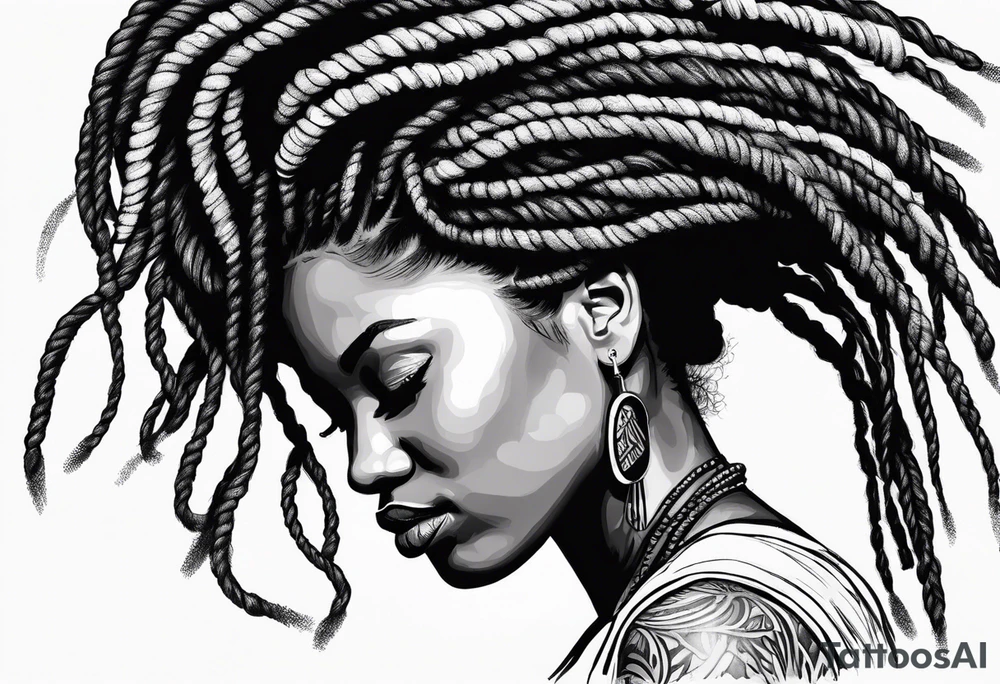 Draw a women head with real dread locks flying in the air, tattoo idea