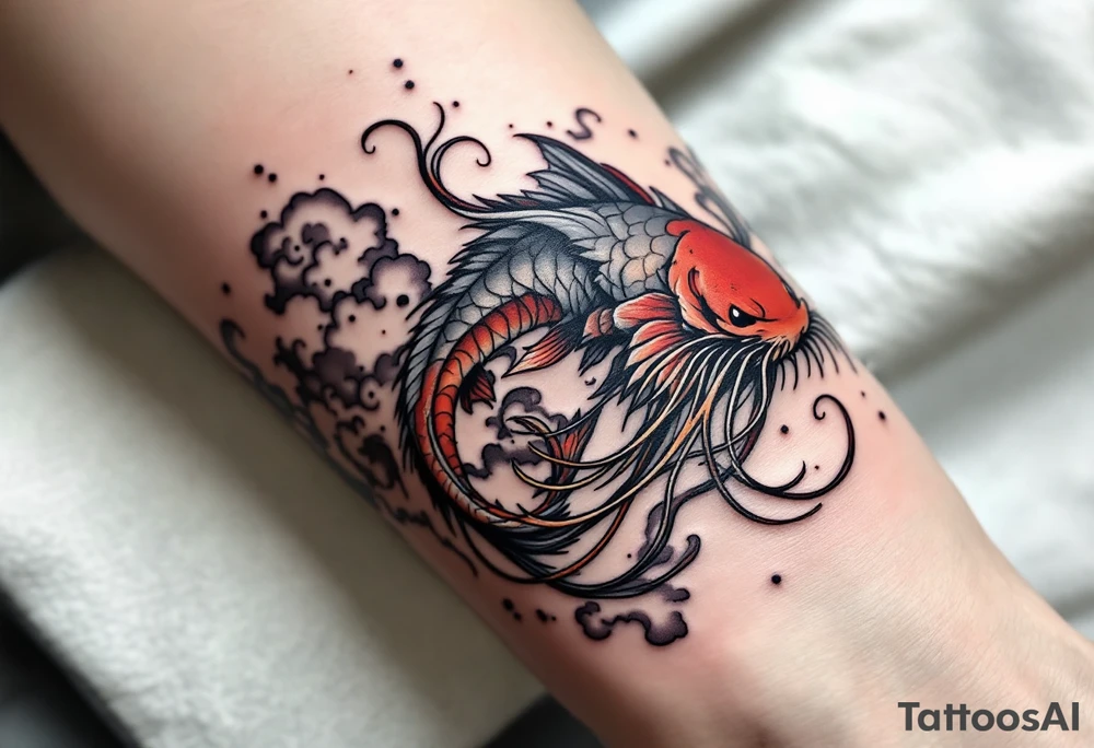 A fantasy hybrid catfish with long whiskers resembling tendrils, crimson and smoky gray scales,swirling through stylized clouds and mist. tattoo idea