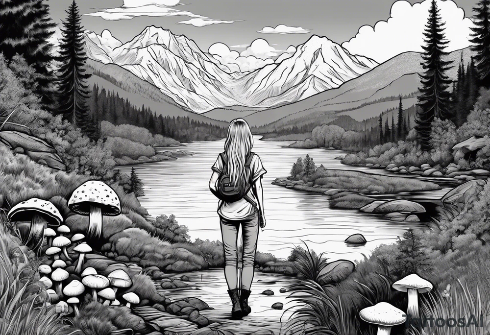 Whole picture encircled fully

Straight long blonde hair hippie girl in distance holding mushrooms in hand facing away toward mountains and creek surrounded by mushrooms long sleeve shirt and hiking pants; whole rendering within a full circle, no cut off circle tattoo idea