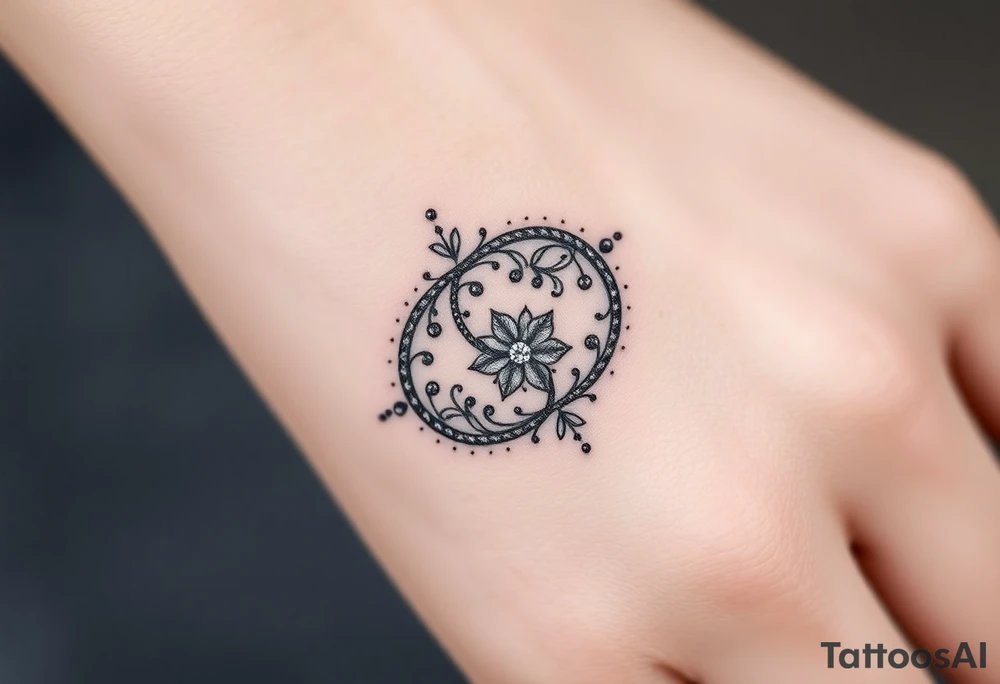 An elegant intertwined wedding ring, with delicate floral engravings and sparkling diamond details, symbolizing eternal love. tattoo idea