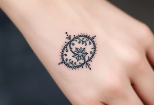 An elegant intertwined wedding ring, with delicate floral engravings and sparkling diamond details, symbolizing eternal love. tattoo idea