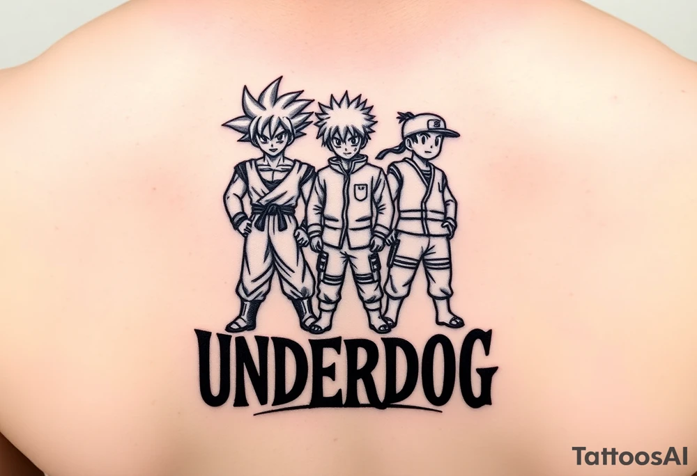 the word underdog in a with 3 anime characters Goku  and Naruto and ippo  one standing in the middle one standing on the right and one standing on the left
 above the word tattoo idea