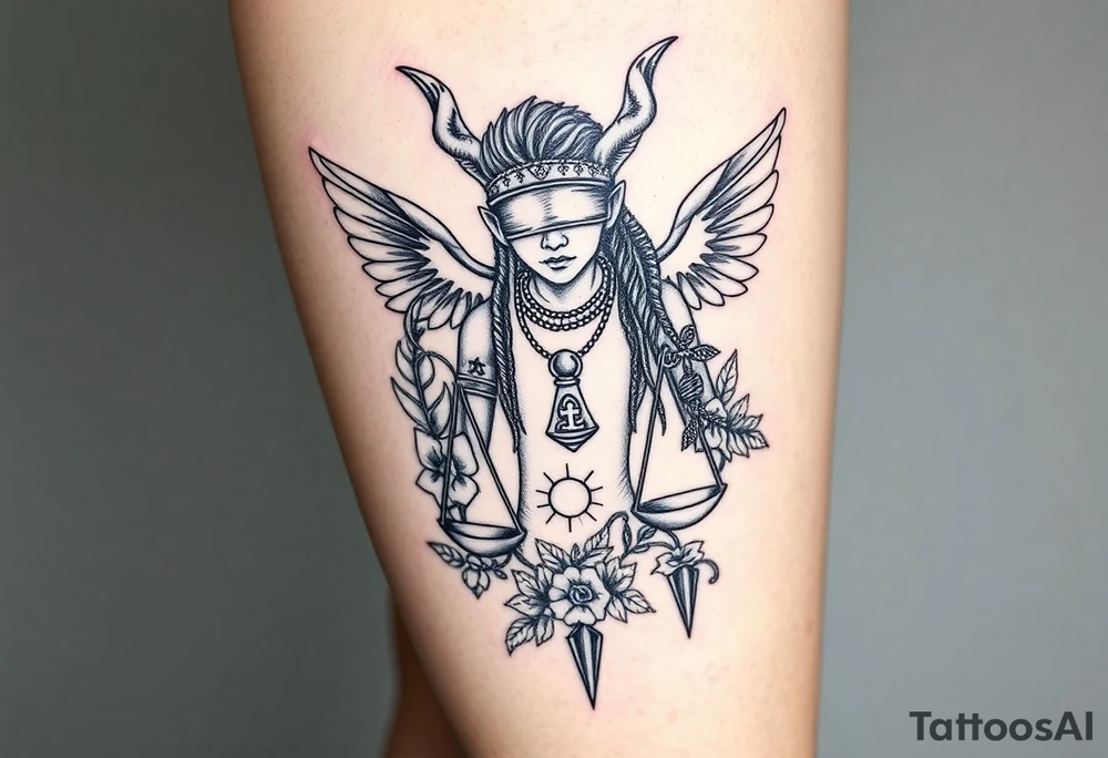 Sylph with dreads wearing blind fold and ankh pendant with tattoos holding weighing scales with the sun and moon rose vines surrounding and Anubis guarding tattoo idea