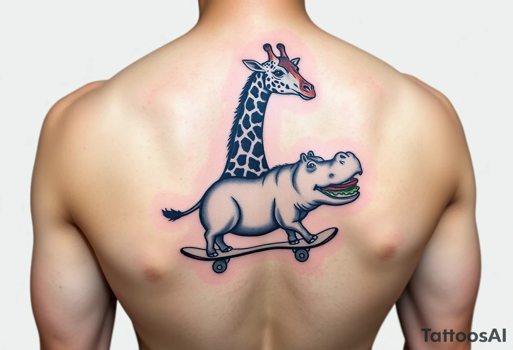 Majestic giraffe riding a skateboard and eating a hippo sandwich tattoo idea