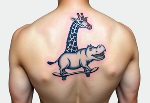 Majestic giraffe riding a skateboard and eating a hippo sandwich tattoo idea