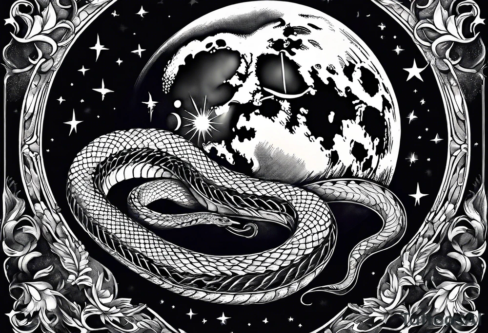 A snake hug the moon in the night sky tattoo idea