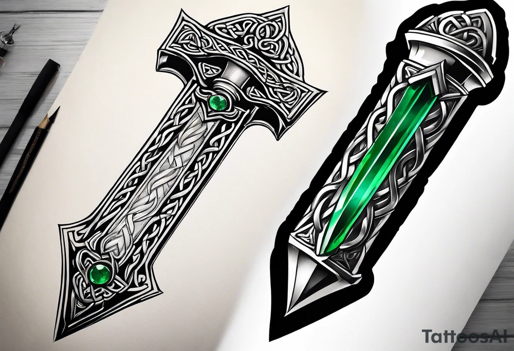 A Celtic dagger with an oak hilt turned upright and emerald gemstones on it tattoo idea
