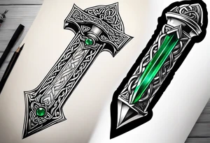 A Celtic dagger with an oak hilt turned upright and emerald gemstones on it tattoo idea