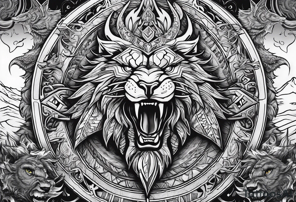 Valhalla sword shield  axe  dragon lion
Valknut  ruins lightnings tattoo idea