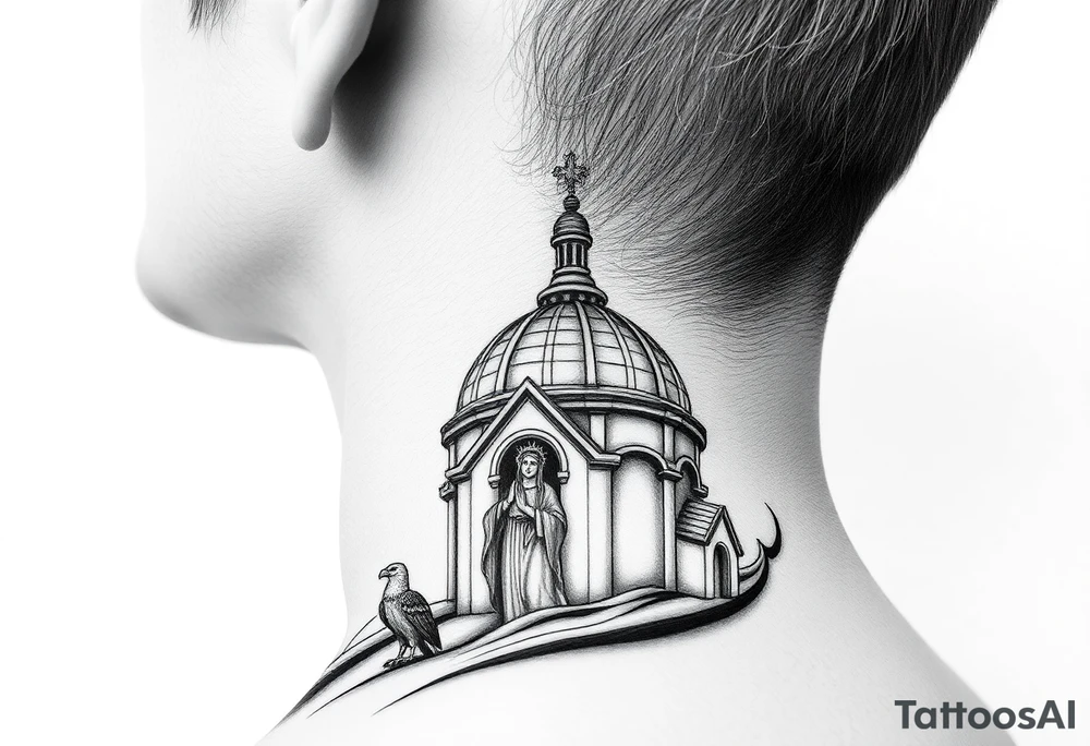 Flowing Scene

A onion dome orthodox church
Virgin Mary in prayer pose wrapping around the lower neck curve
A small double headed russian coat of arms eagle or just the star tucked above the dome near the hairline tattoo idea