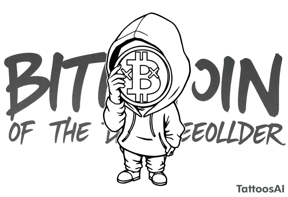 Create a custom tattoo stencil Use a street-art / pop-art vibe with a cartoon figure holding a bitcoin to cover his eyes have bold lines, “x” for eyes. make them have on a hoodie and jogger sweatpants have in the background in graffiti letters “bitcoin is in the eye of the beholder” tattoo idea