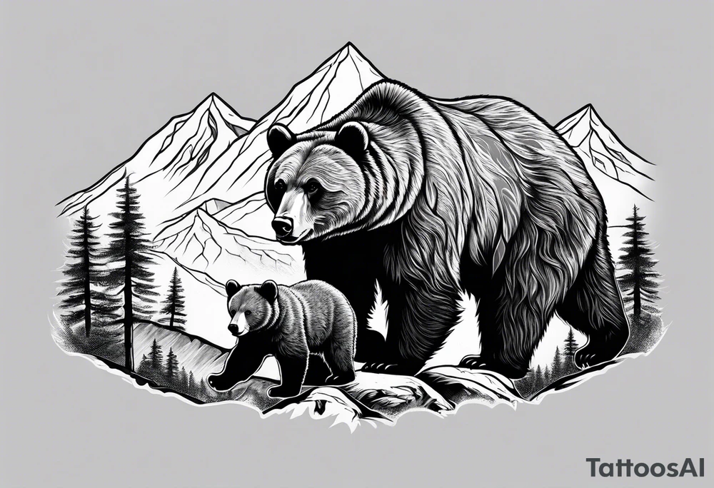 mamma bear and cub with mountains tattoo idea