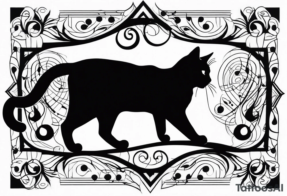 Outline of cat reaching to a music note, small tattoo idea