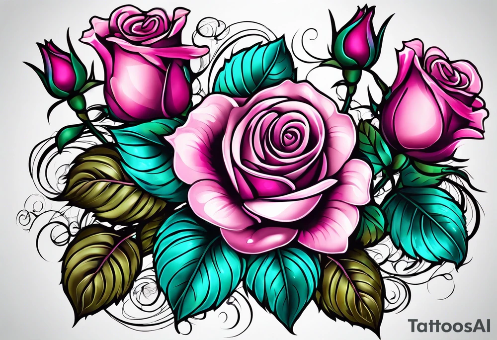 05/22/50 Dad 06/07/14, roses, teal, pink, purple tattoo idea