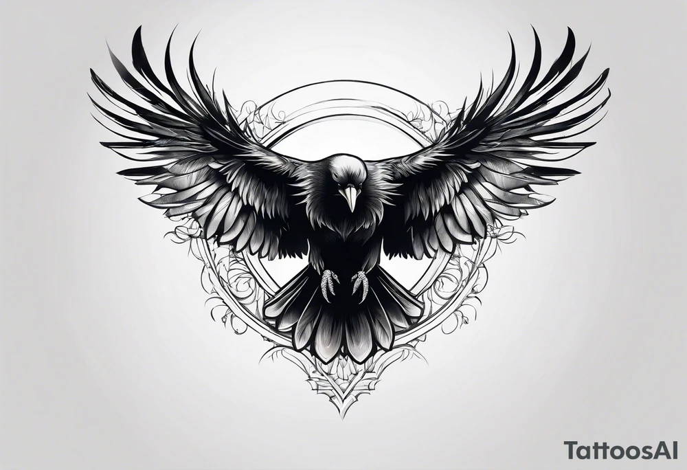 draw the outline of a flying raven, both wings are full on fire tattoo idea