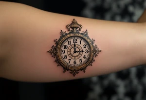 Ornate pocket watch tattoo showing 13:37 and bigger letters "Veronika – 2.9.2016" in warm sepia tones. tattoo idea